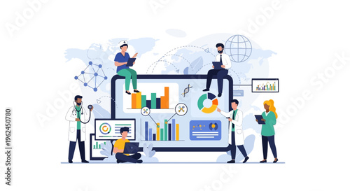 Healthcare Professionals and Researchers Analyzing Medical Data and Statistics on a Large Digital Screen, Global Health Technology Concept