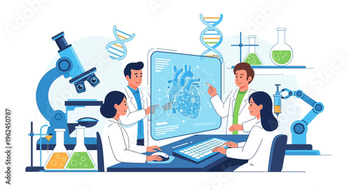 Medical Researchers Analyzing Digital Heart in High-Tech Lab Illustration