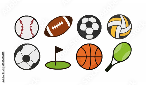 Minimal Sports Ball Icon Set – Flat Vector Collection for Baseball, Football, Soccer, and More