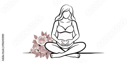 pregnant woman sitting with flowers, maternity illustration