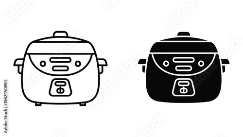 Contrasting visual styles of a rice cooker in black and white icon designs