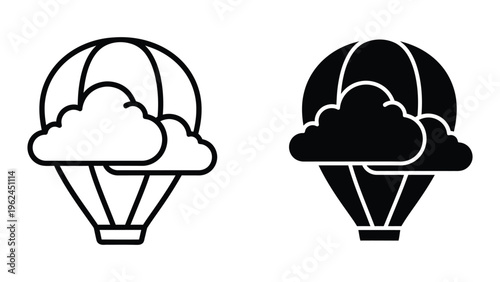 Hot air balloons floating near clouds with contrasting visual styles
