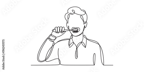 man brushing teeth with toothbrush in morning routine