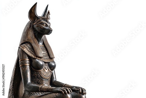 A detailed bronze sculpture of Bastet, a revered cat deity, against a minimalist background, evoking a sense of ancient mystique and artistic mastery.