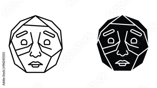 Contrasting geometric mask designs in black and white line art styles