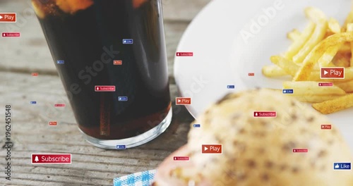Overlay graphics floating, glass and burger shifting right, icons clustering, driving engagement