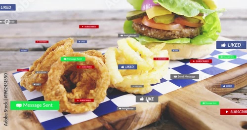 Burger and sides starting with like badge popping, badges growing and crowding for social media