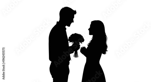 Silhouette of a man giving a bouquet to a woman in a romantic gesture