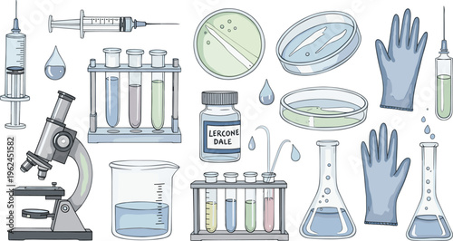 Laboratory Equipment Collection Featuring Microscope, Test Tubes, Syringe, Petri Dish, Beaker and Scientific Tools Medical Research Vector Illustration Set