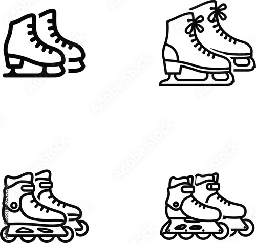 Ice skates, roller skates, skate icons, footwear illustrations