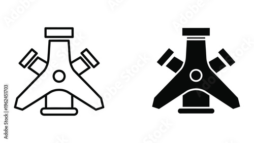 Contrast between a light and dark design of a three-legged adjustable stand with clamps