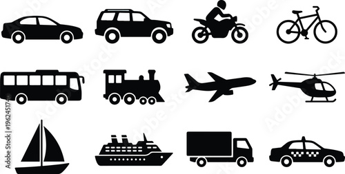 Collection of stylized black icons representing various forms of transportation.