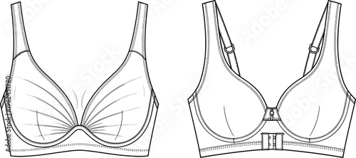 WebDetailed technical fashion illustration of bra design front and back views with seam lines, underwire construction, adjustable straps, garment schematic drawing for lingerie industry