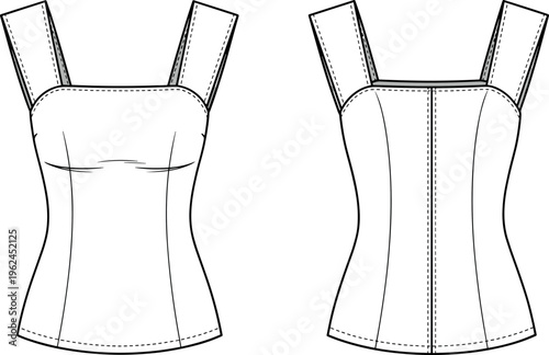 Technical Fashion Sketch Illustration of a Women’s Panelled Corset Style Sleeveless Top with Wide Straps and Square Neckline Vector Template