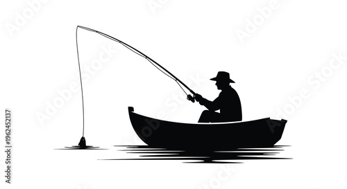 Silhouette of a man fishing in a boat on a calm lake or river with a large catch