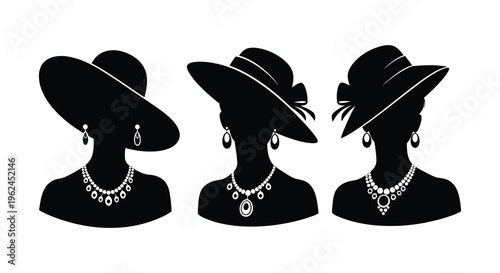 Three black silhouette busts of women wearing hats and jewelry showcasing fashion accessories in profile views