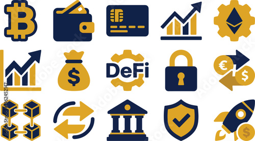 Collection of digital finance icons including bitcoin, wallet, credit card graph money bag defi lock currency exchange blockchain arrows bank shield and rocket.