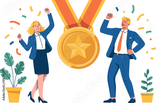 Business success celebration vector illustration with professionals achieving award medal, corporate achievement, career growth, motivation, and teamwork success concept