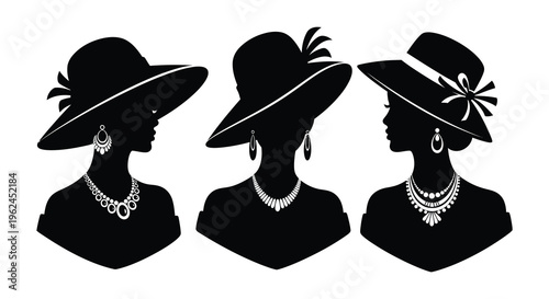 Three elegant female silhouettes wearing stylish hats and jewelry showcasing fashion and beauty in silhouette
