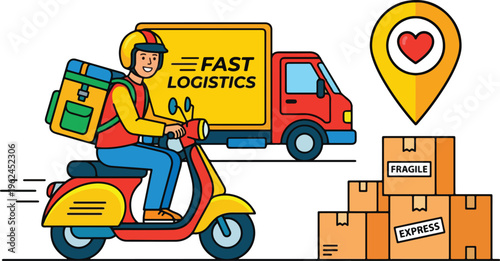 Smiling delivery person on a scooter with a large backpack delivers packages in a fast logistics operation.