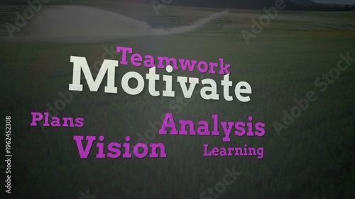 Fading overlay sparking words cycling over field with spray arc showing Education Motivate Careers