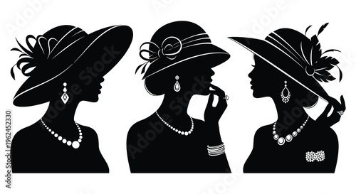 Three elegant women in silhouette wearing stylish hats and jewelry