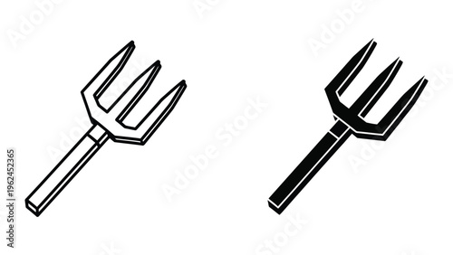 Black and white illustration of two pitchforks with contrasting line styles