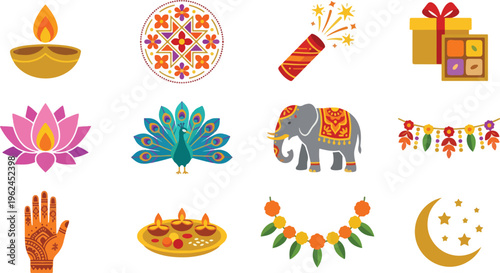 Collection of festive indian cultural icons including a lit oil lamp, a colorful rangoli pattern, and a bursting firecracker.