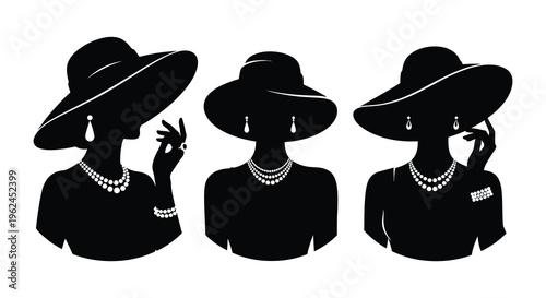 Three women in hats silhouette portrait with jewelry and hats