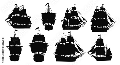 Silhouette of various sailing ships in different orientations