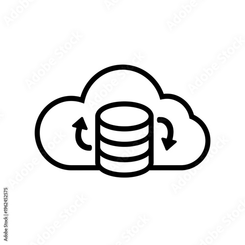 Vector graphic illustration depicting cloud database storage with data synchronization arrows, symbolizing data transfer and backup solutions in a modern digital environment.