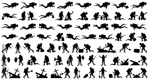 Underwater Treasure Recovery Silhouettes Set Pack. Editable Vector Stroke Illustration. featuring diver, scuba, diving, underwater, exploration, silhouette, vector, graphic, illustration, design more