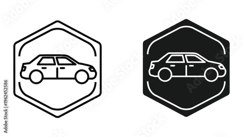 Contrasting icons depicting a car within hexagonal boundaries in different color schemes