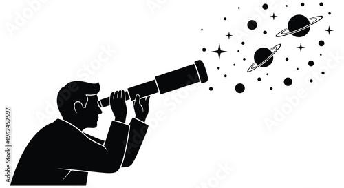 Silhouette of a man looking through a telescope at planets and stars in the night sky silhouette