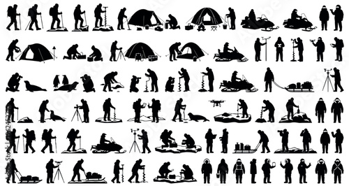 Arctic Expedition Research Silhouettes Set Pack. Editable Vector Stroke Illustration. featuring arctic, polar, explorer, research, scientist, expedition, adventure, winter, snow, ice, cold more