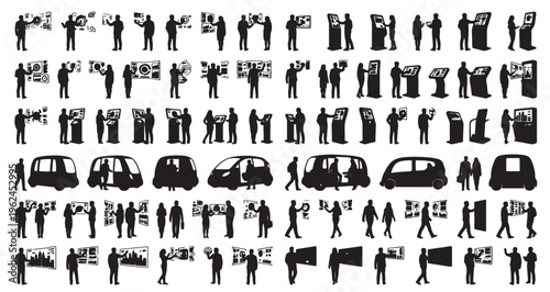 Futuristic Smart City Citizens Silhouettes Set Pack. Editable Vector Stroke Illustration. featuring vector, silhouette, people, technology, kiosk, touchscreen, futuristic, interface, interaction more