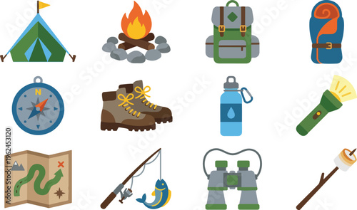 Collection of camping equipment including a tent, campfire, backpack sleeping bag compass hiking boots water bottle flashlight map fishing rod binoculars and a marshmallow.