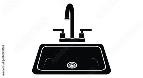 Silhouette of a modern kitchen sink with faucet and handles