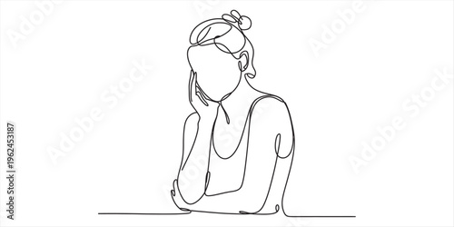 Continuous line drawing of a woman with her hand on her face