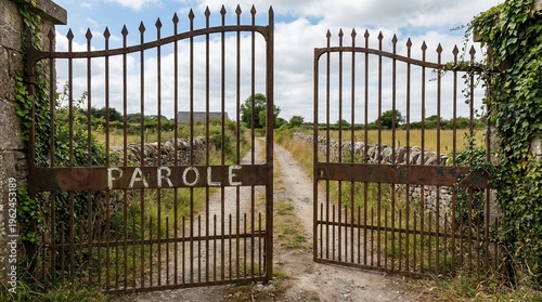 Old rusty wrought iron gate with the word Parole opening to a rural countryside path.