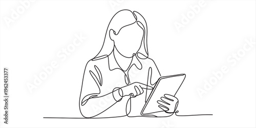 woman using digital tablet in minimalist line art style