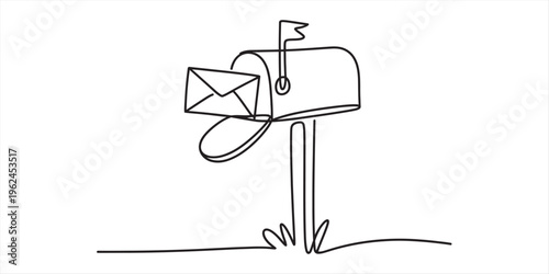 Continuous line drawing of a mailbox with an envelope being inserted