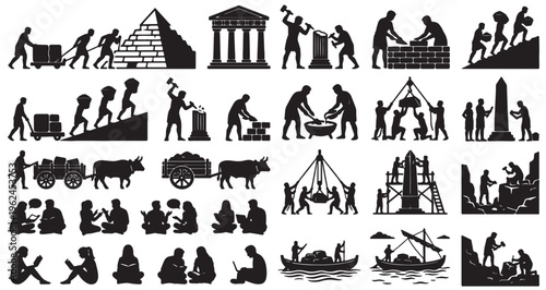 Ancient Civilization Builders Silhouettes Set Pack. Editable Vector Stroke Illustration. featuring ancient, civilization, history, labor, work, construction, building, transport, worker, people more