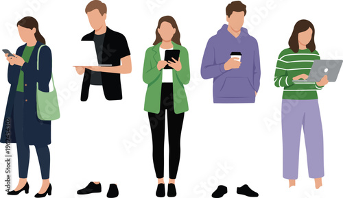 Set of people using gadgets, men and women with smartphones, tablets, and laptops working, communicating, and staying connected vector illustration