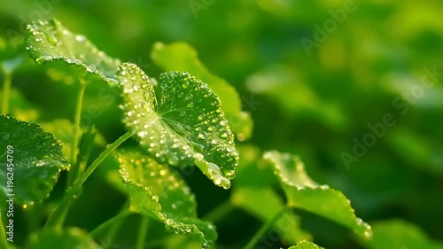 Green leaves with dew drops.