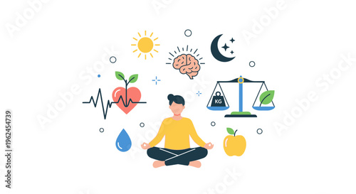 Woman meditating with wellness and mental health icons flat design vector illustration