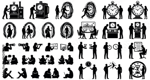 Time Travelers Silhouettes Set Pack. Editable Vector Stroke Illustration. featuring vector, illustration, graphic, design, silhouette, icon, time, clock, travel, history, portal, observation more