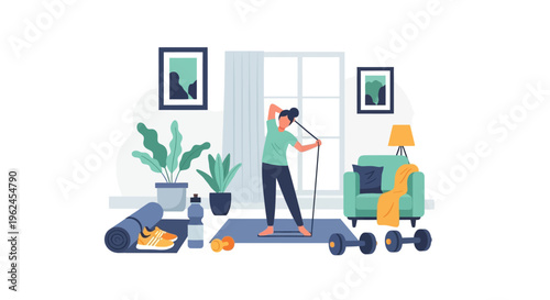 Man exercising at home with dumbbells flat design vector illustration