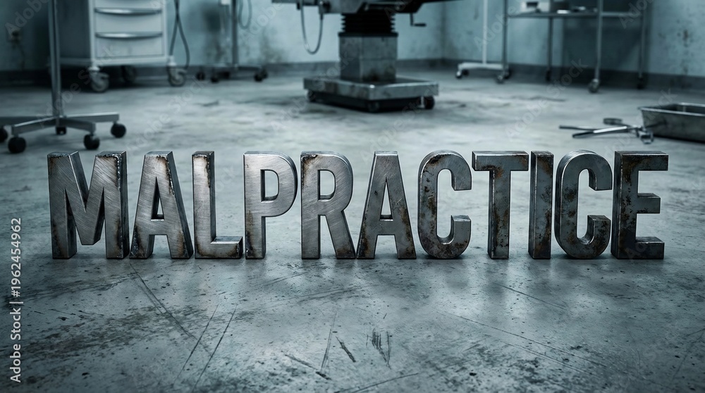 Naklejka premium Malpractice text in 3D letters on the floor of a dark and gritty operating room.