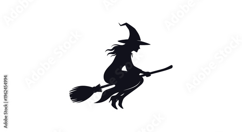 Silhouette of a witch flying on a broomstick against a white background